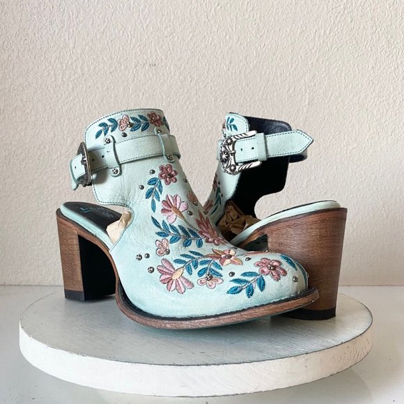 Lane Boots Shoes - Lane Floral Halfsie Womens Western Bootie 10.5 Blue Cowboy Round Toe Ankle FLAWS